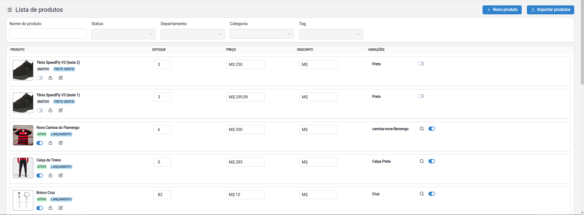 Listagem de produtos